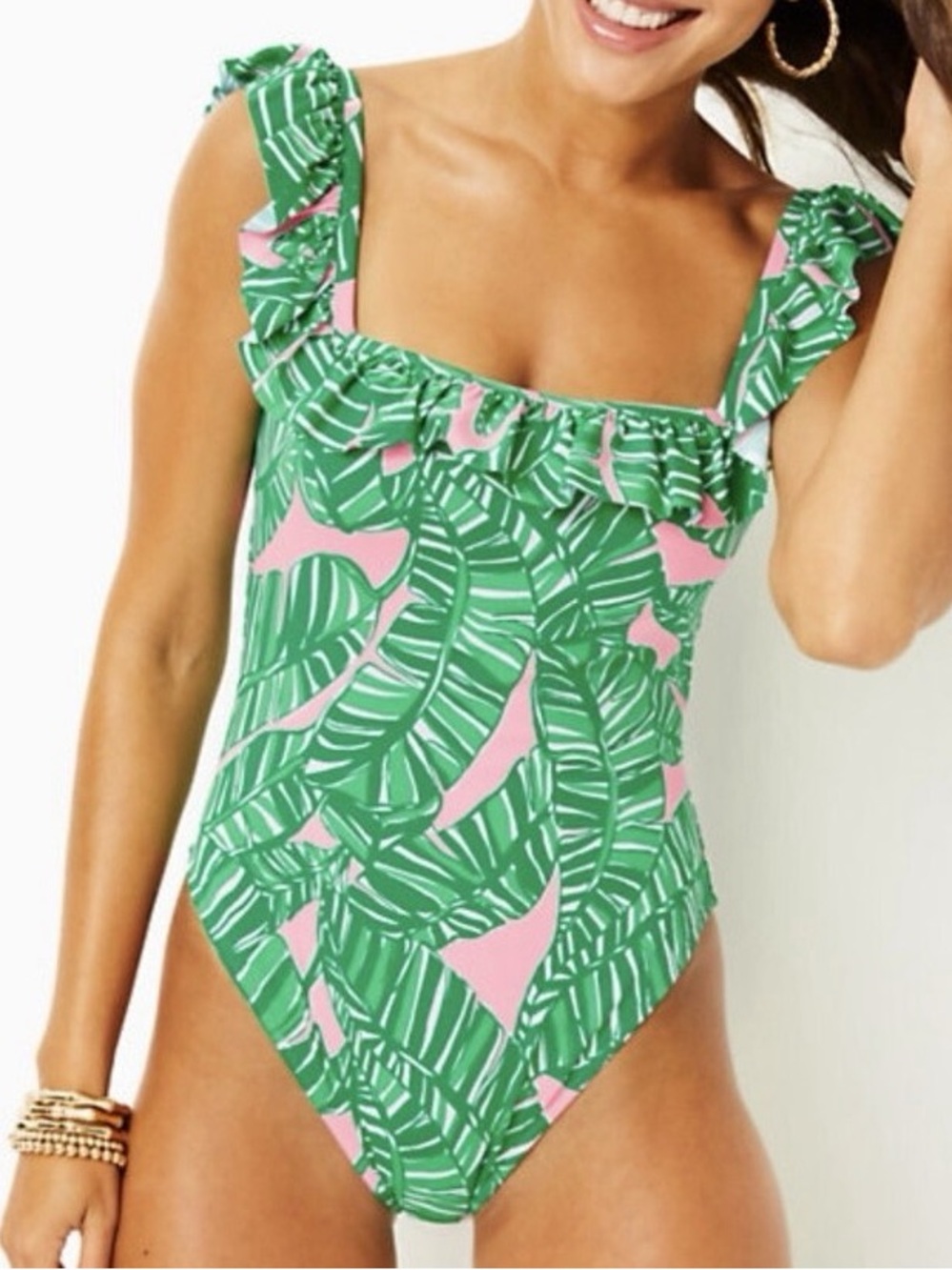 Lilly Pulitzer Aemma Ruffle One Piece Swimsuit Swim Palm Print 16